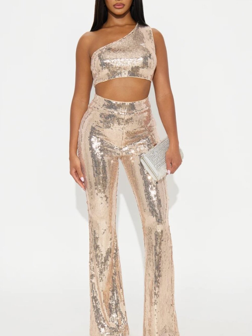 Fashion Nova My Glow Up Disco Sequin Pant Crop Top Set Size S